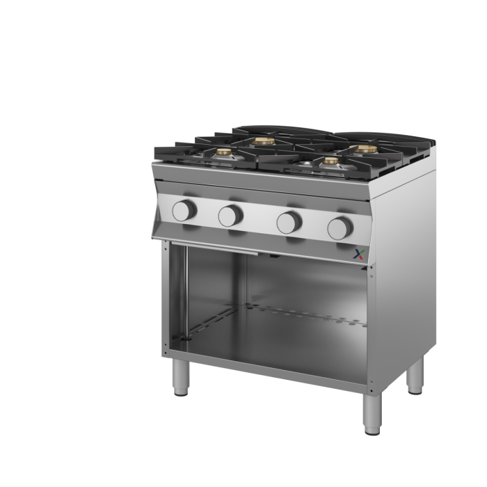 Cuisinière gaz 4 feux vifs, soubassement ouvert – 800×900 mm, renforcée – Inoxbim Cuisinière gaz 4 feux vifs, soubassement ouvert – 800×900 mm, renforcée – Inoxbim