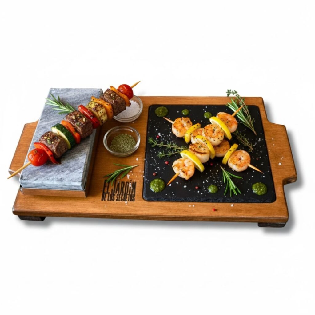 Ration menu – pierre volcanique 10 × 20 cm avec ardoise 20 × 20 et 2 ramequins