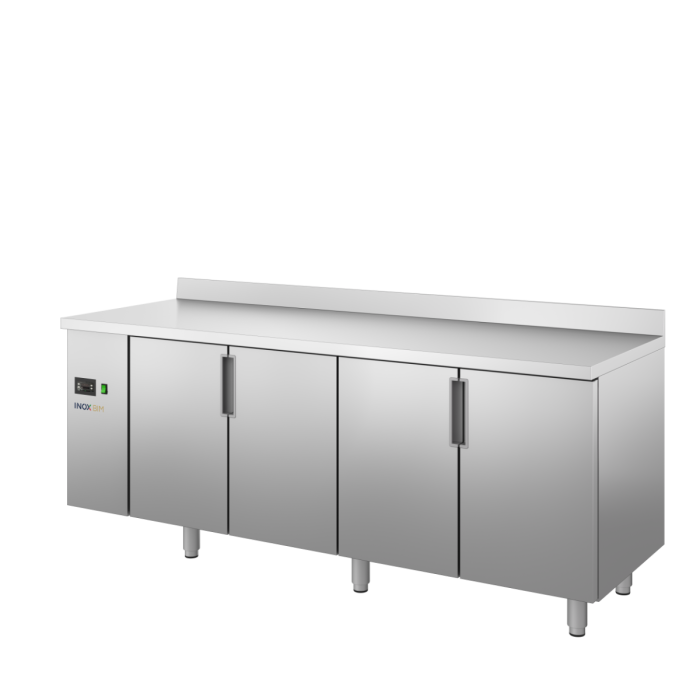 Table réfrigérée Euronorm 4 portes pour groupe à distance – 2300×800 mm, plan avec dosseret – Inoxbim Table réfrigérée Euronorm 4 portes pour groupe à distance – 2300×800 mm, plan avec dosseret – Inoxbim